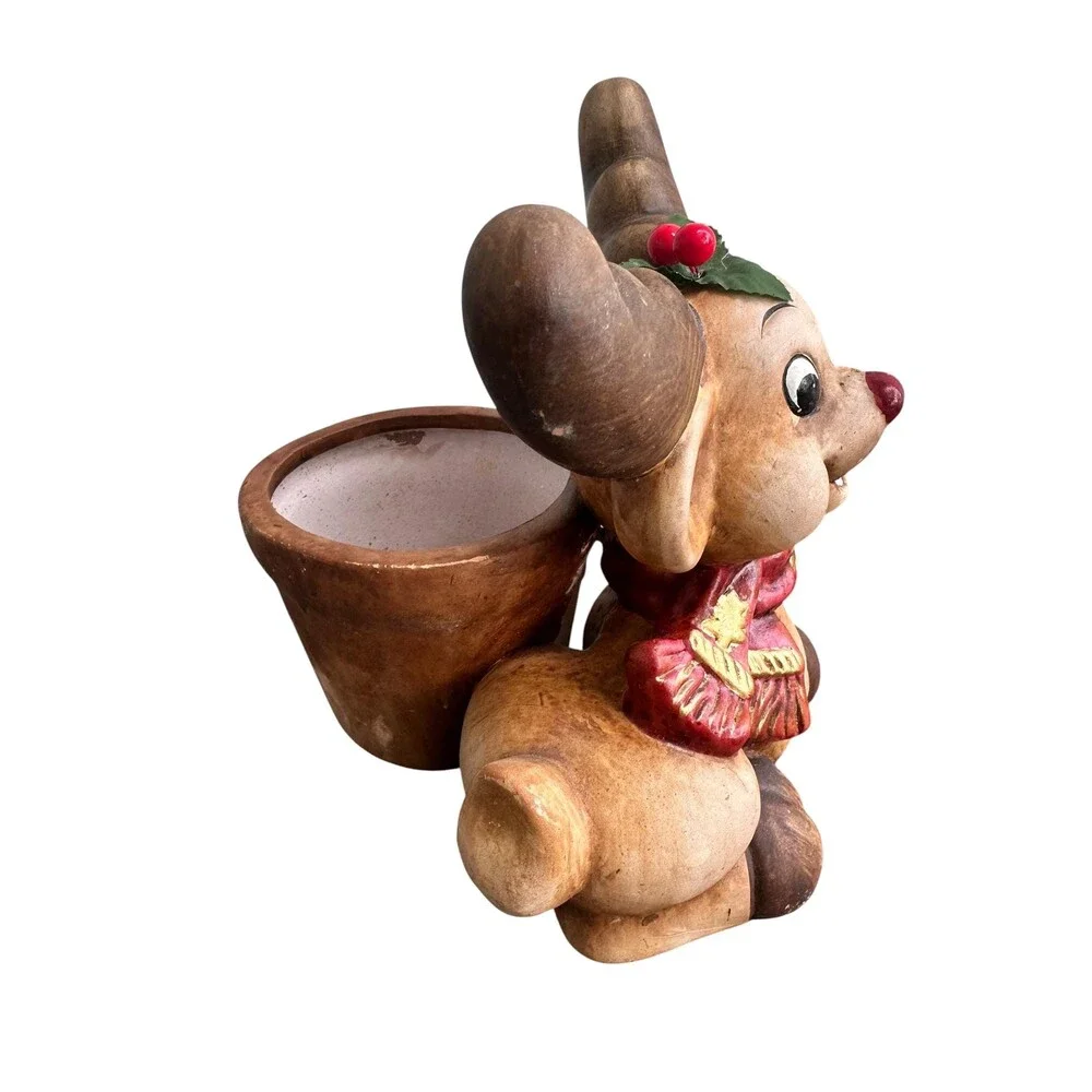 Vintage Red Nose Reindeer Christmas Planter Pot w/Mistletoe Kitsch Holiday Decor